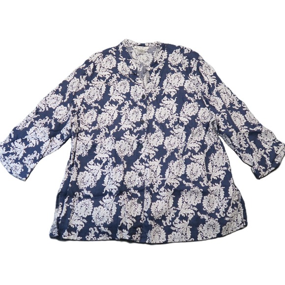 Marisa Christina Tops - Marisa Christina Linen Tunic Top 3X Blue White Damask Coastal Resort Boho Luxury